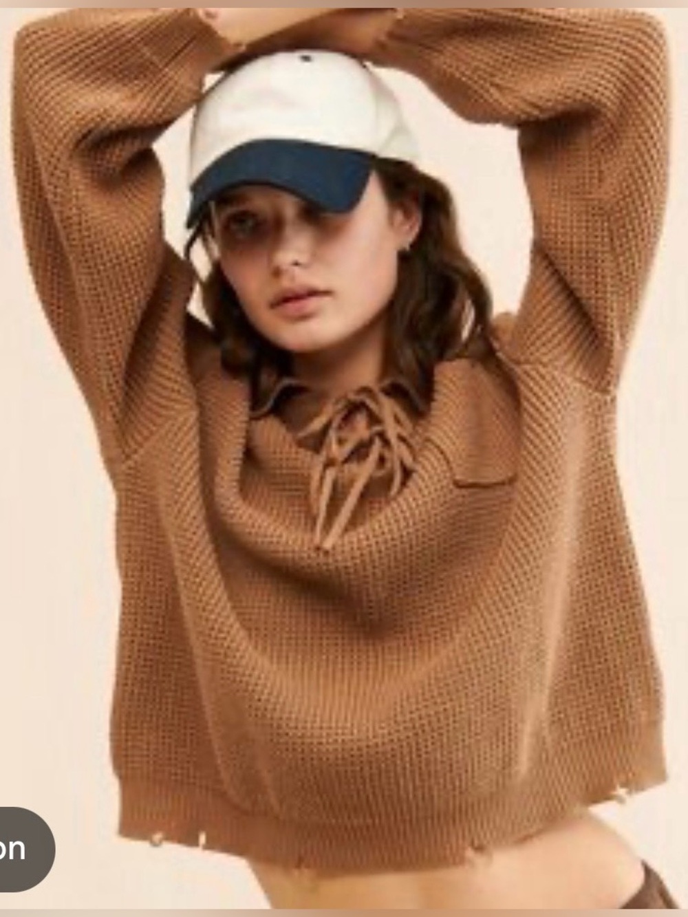Found Casual Lace-Up Chunky Knit Sweater — Brown XS